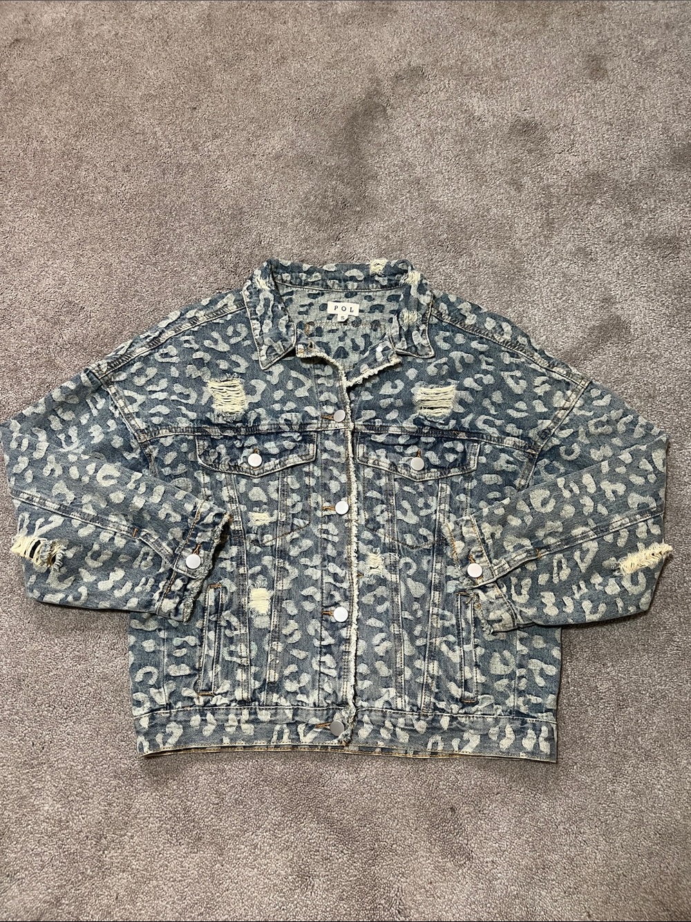 POL Leopard Print Denim Distressed Jacket Oversized Baggy Size Small 90s Grunge